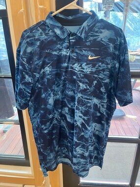 Nike Men's Dark Blue Tie-Dye Polo with Light Blue Accents